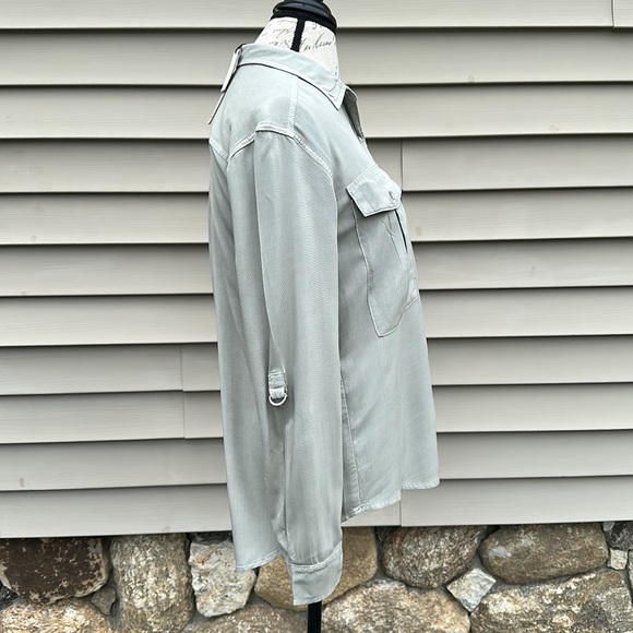 Calvin Klein Utility Roll Tab Sleeve Button Down Blouse - Tarragon Green - Picture 8 of 16